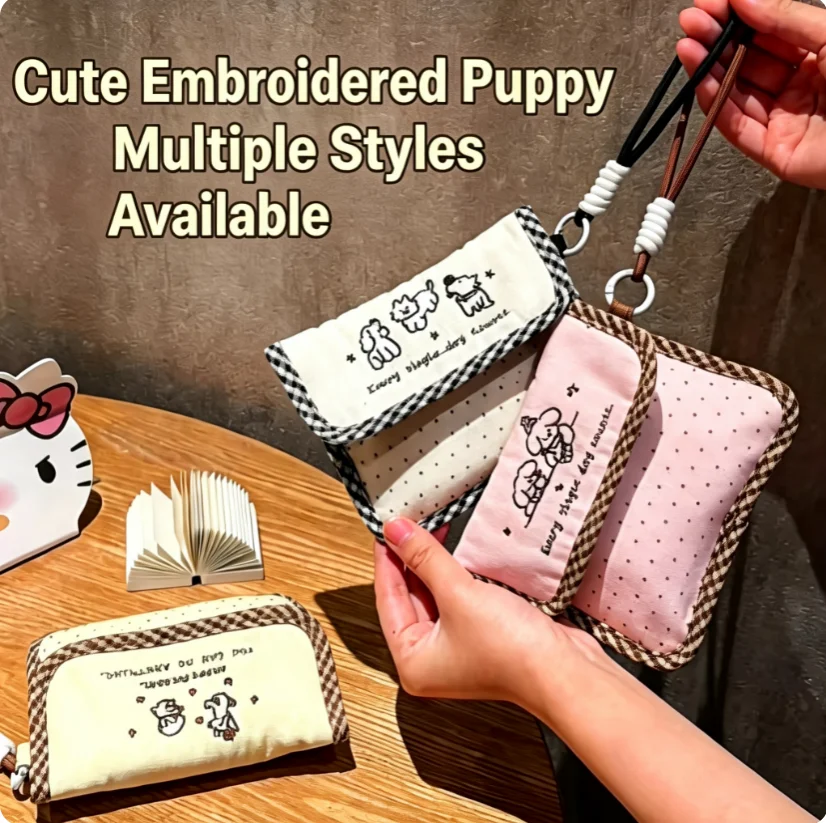 Cute Embroidered Puppy Coin Purse for Women Multi-color Portable Handheld Large-Capacity Sanitary Pad Carry-On Storage Pouch