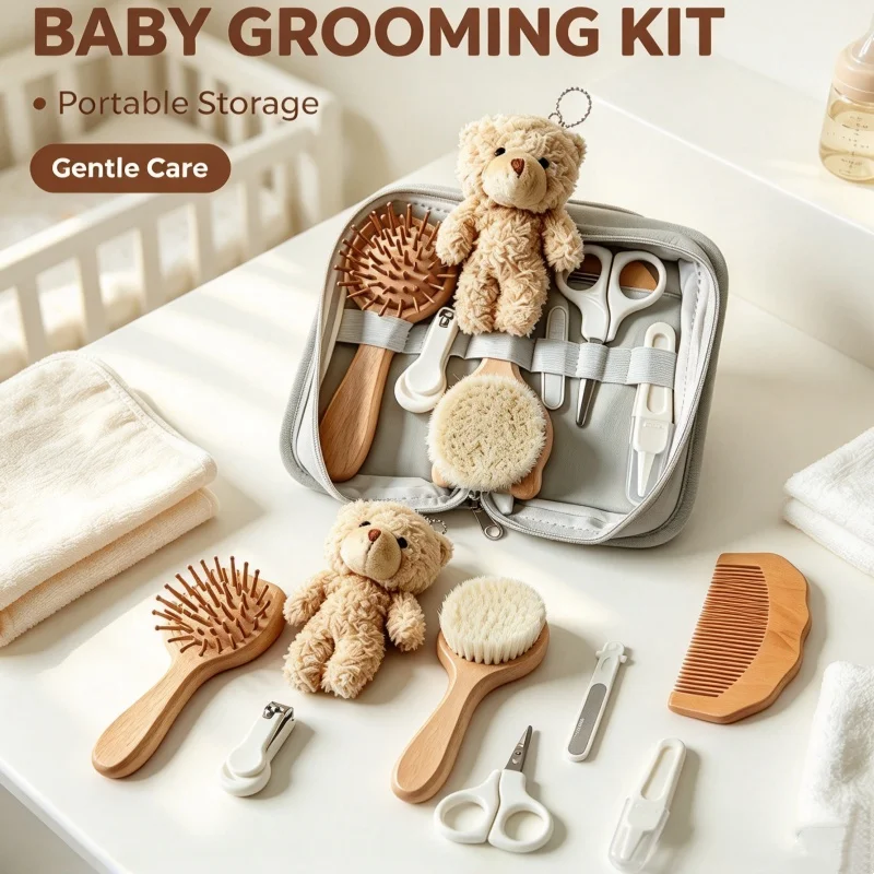 Portable Wooden baby Daily Care Set, baby Daily Hygiene Products Set as a Gift, Daily Care Products, Maternal and Infant Product