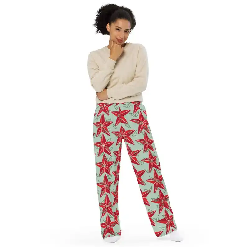 Women Christmas Red Star Floral Print Lounge Pants Waist Loose Holiday Casual Sleep Trousers