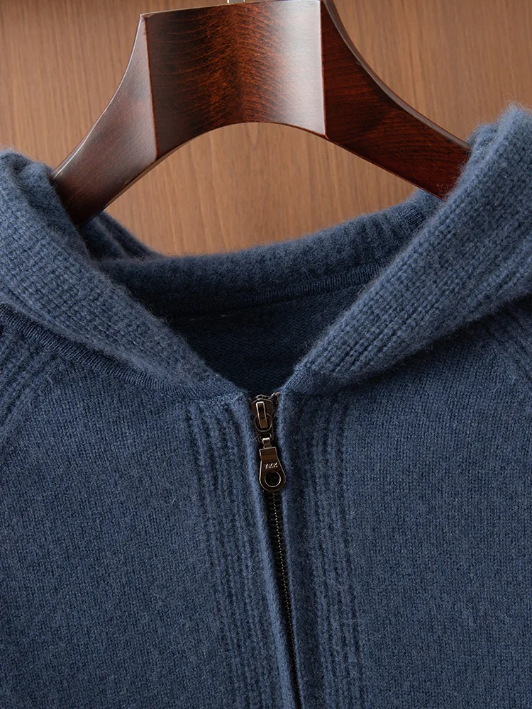 Men's 100% Cashmere Cardigan Sweater Autumn Winter Hooded Zipper Soild Thick Soft Comfort Smart Casual Kint Long Sleeve Jackets