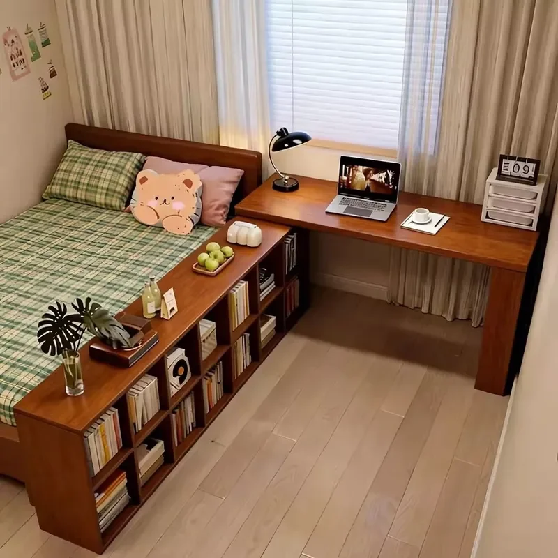Corner Desk Bookshelf Integrated Study Table Semi Enclosed Bedside Nightstand for Bedroom Home Office Computer Desk