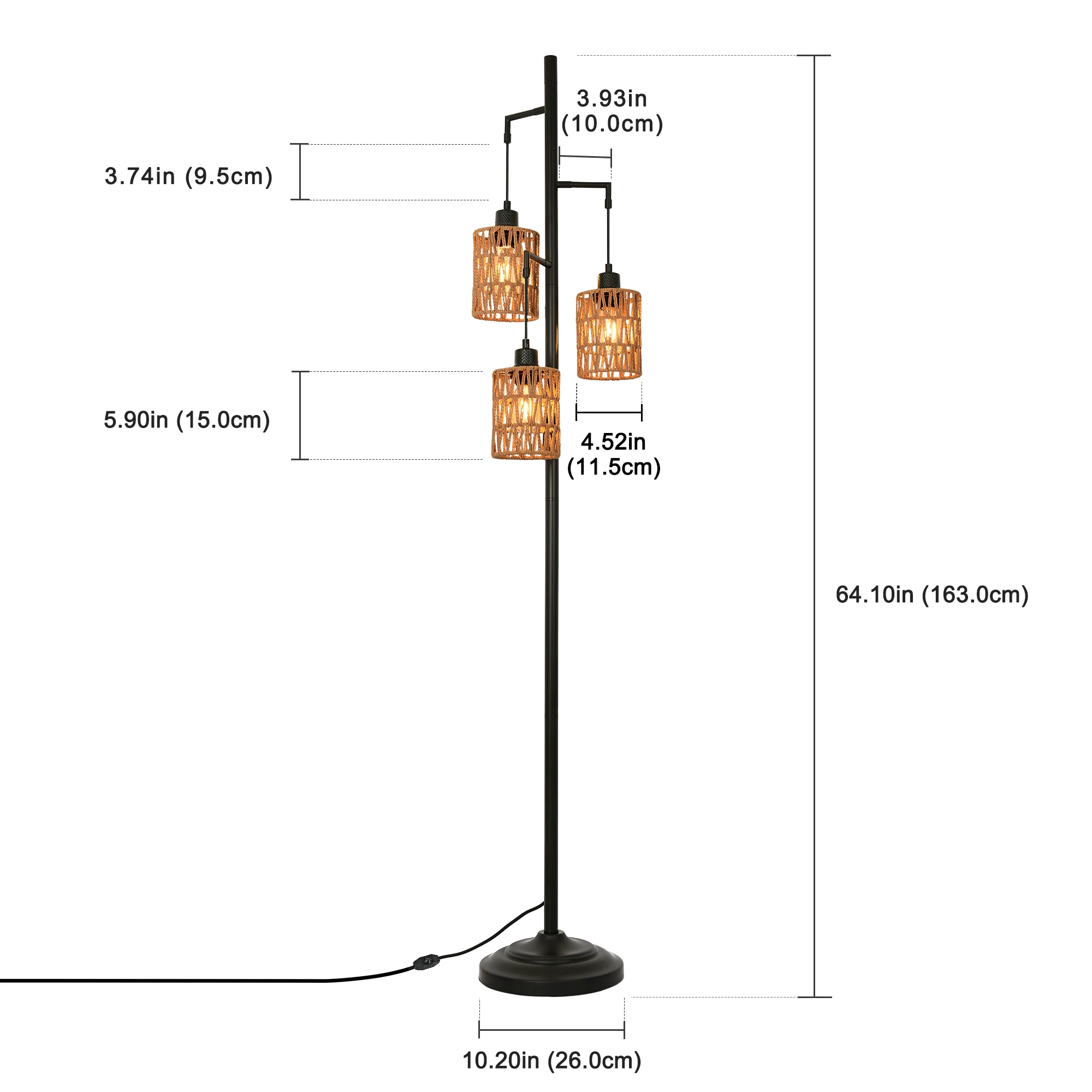 Farmhouse Floor Lamp 3 Light Boho Floor Light with Rattan Shade Dimmable Floor Lighting Fixture for Bedroom Office Decor