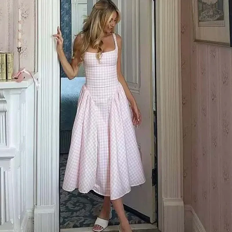 

Lace Up Bandage Plaid Sling Dress Women Elegant Square Neck Low Waist A-line Midi Summer Dresses Holiday Party Robe 2025