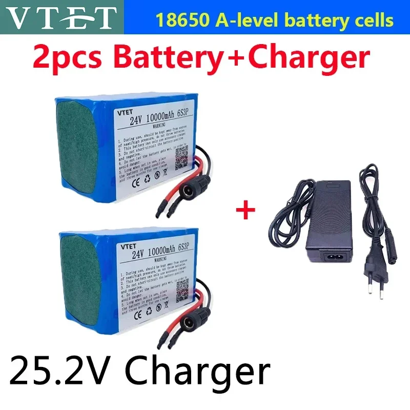 VTET 24V 10Ah 6S3P 18650 Li-ion Battery 10000mAh High Capacity Moped /Electric/Li Ion Battery Pack+25.2V Charger DIY Production