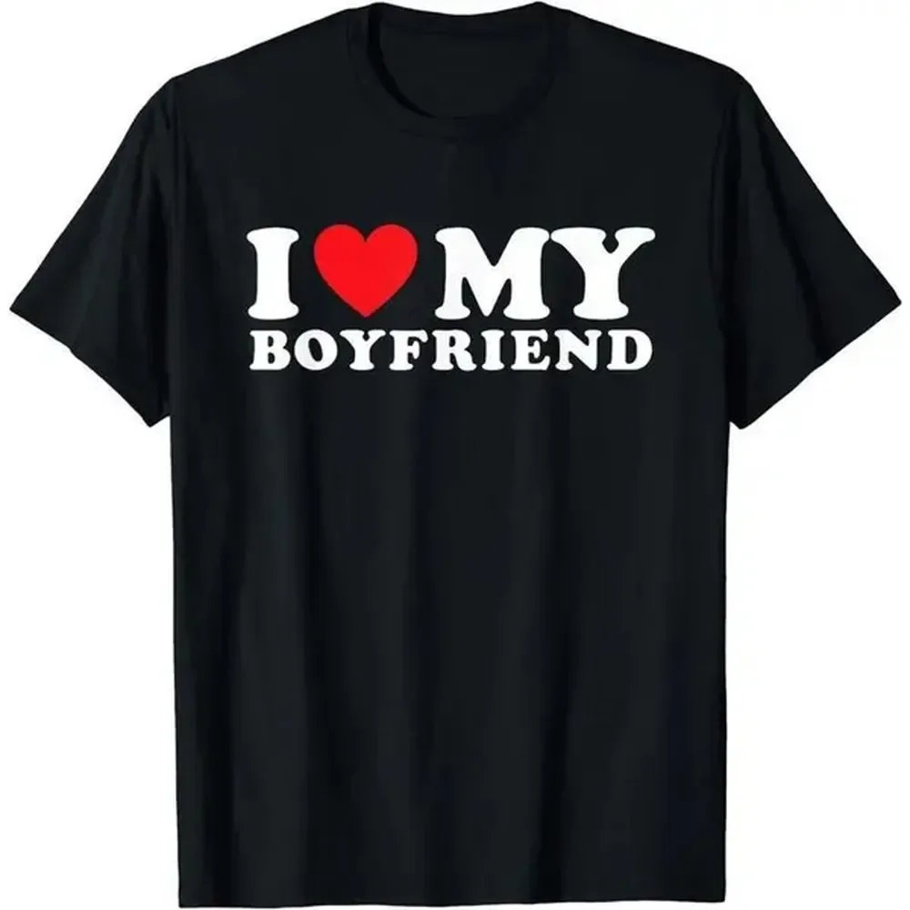 [100% Cotton]I Love My Boyfriend I Heart My Boyfriend BF T-Shirt Lovers Gift Black Casual Crew Neck Cotton Tee Girlfriend Clothes