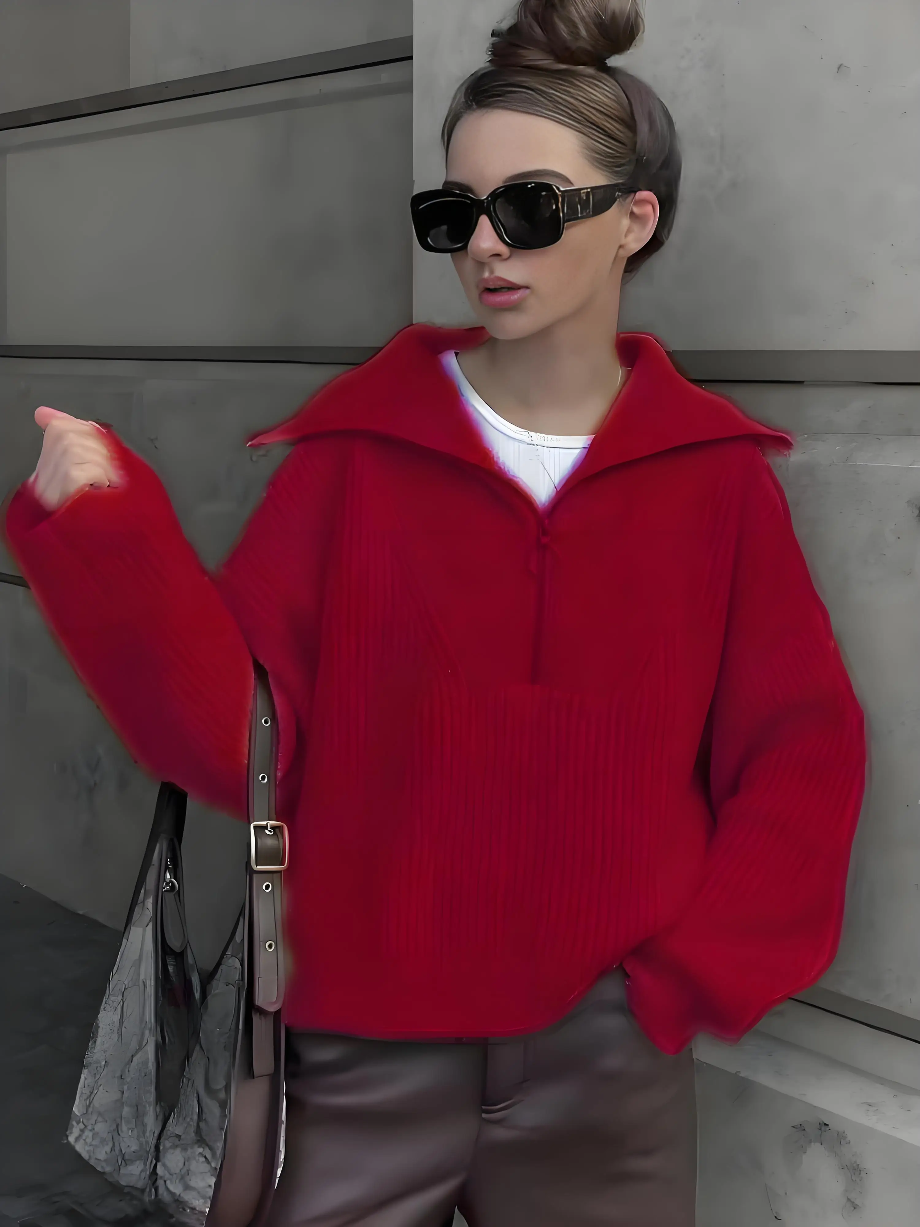 

Tossy Autumn Knitted V Neck Pullover Top Women's Vintage Solid Zipper Long Sleeve Casual Loose Commuting Streetwear Top Pullover