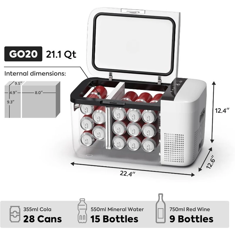 Go20 Dual Zone Fridge, Separate Control Portable Refrigerator, 21 Quart 20 Liter Capacity, Dc Ac Power Secop Compressor