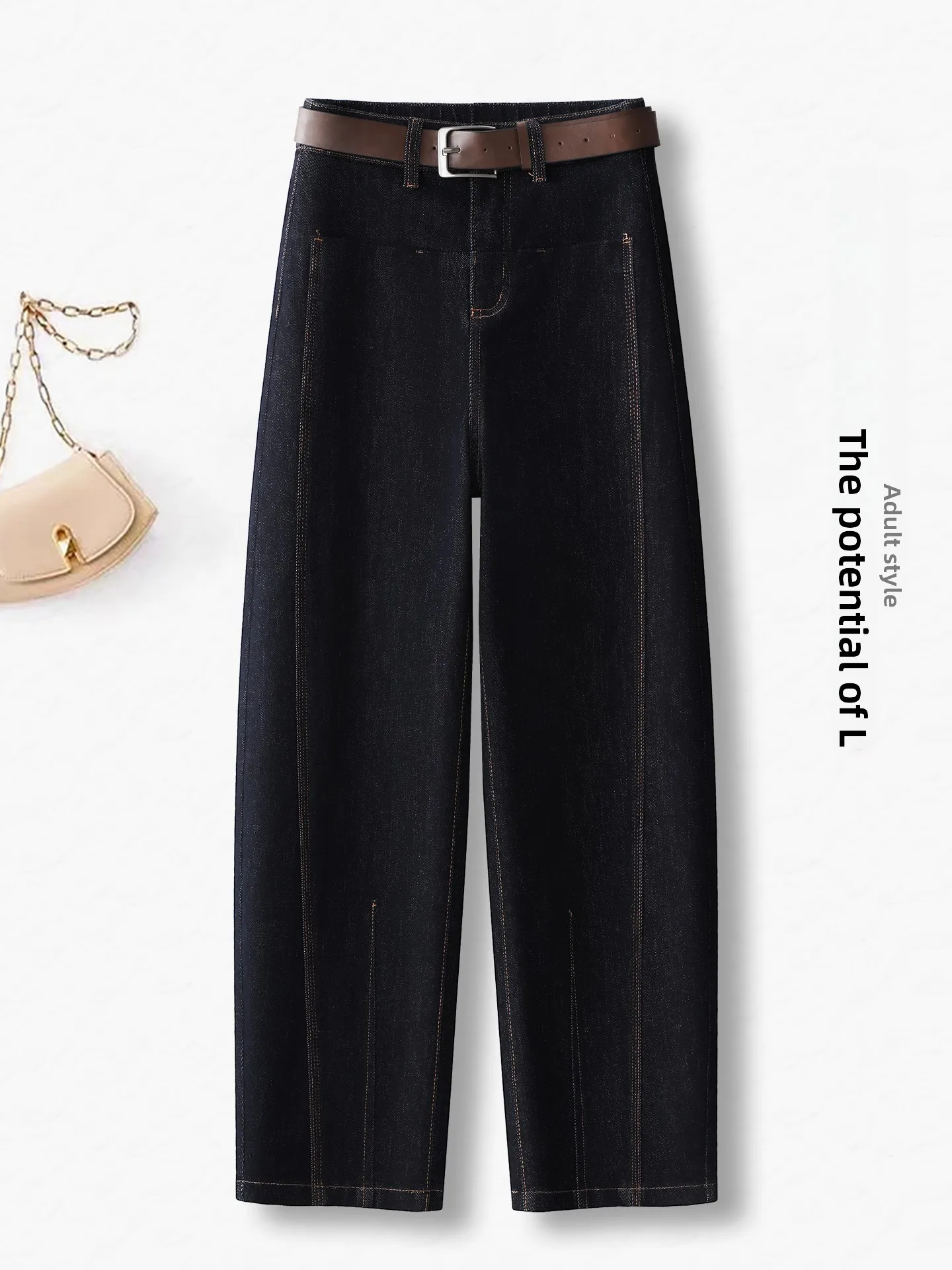 

High Waist Slimming Fleece Lined Denim Blue Women's Bent Knife Pants Autumn Winter New Style Casual Wide Leg Zipper Pocket