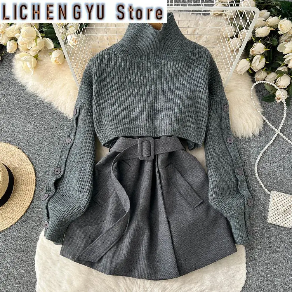 

M-4XL Casual Two Piece Set For Women Solid Color Button Patchwork High Waist Sweaters Dresses Suit Winter Spring New