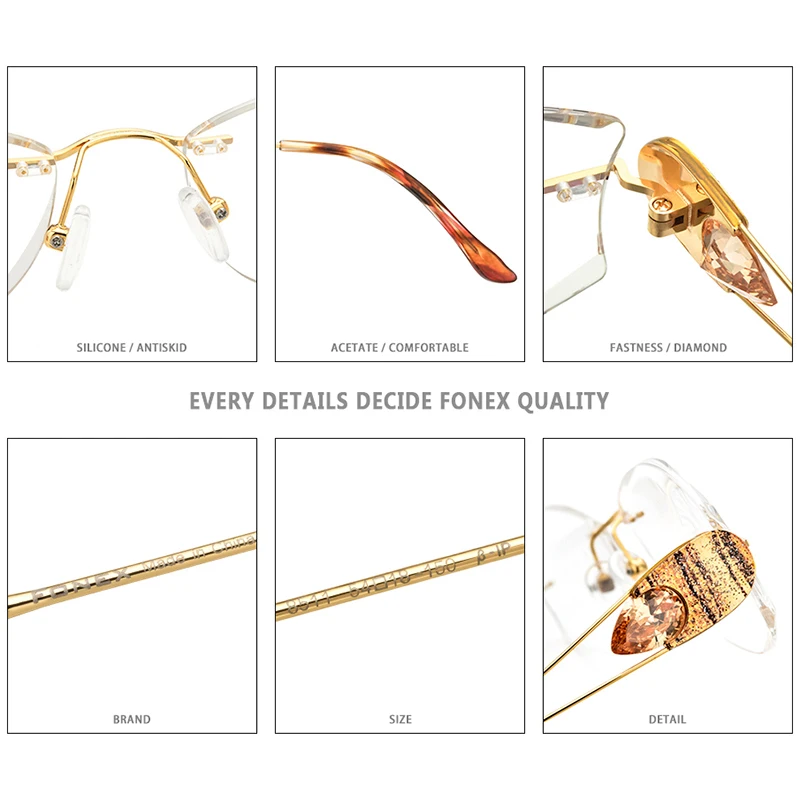 FONEX Titanium Rimless Glasses Women Luxury Brand Design Diamond Trim Eyeglasses Ultralight Frameless Eyewear 8511
