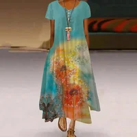 Vestido de manga corta con estampado de diente de león para mujer, vestido largo informal de verano, a la moda