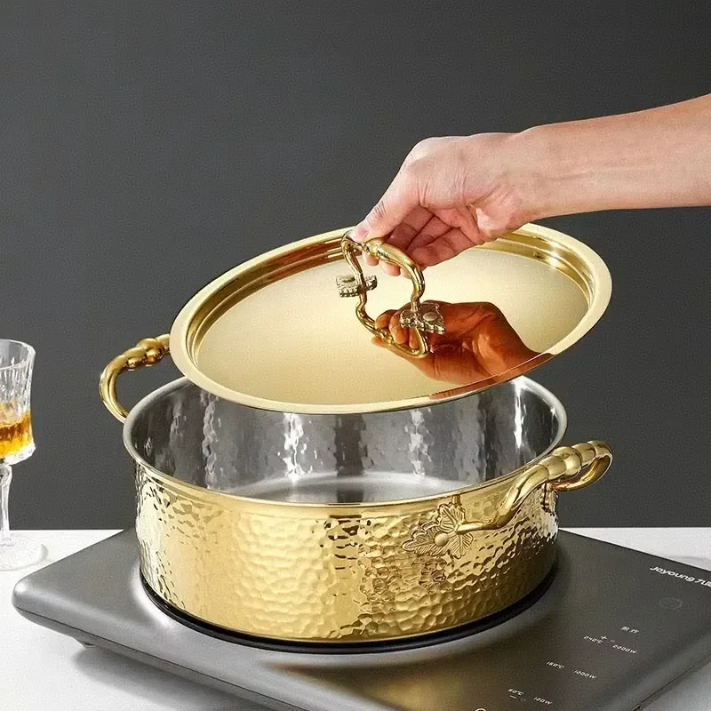 304 Stainless Steel Hot Pot Three Layer Hammered Pattern Mandarin Duck Soup Cooker for Home Kitchen Restaurant Direct Sale
