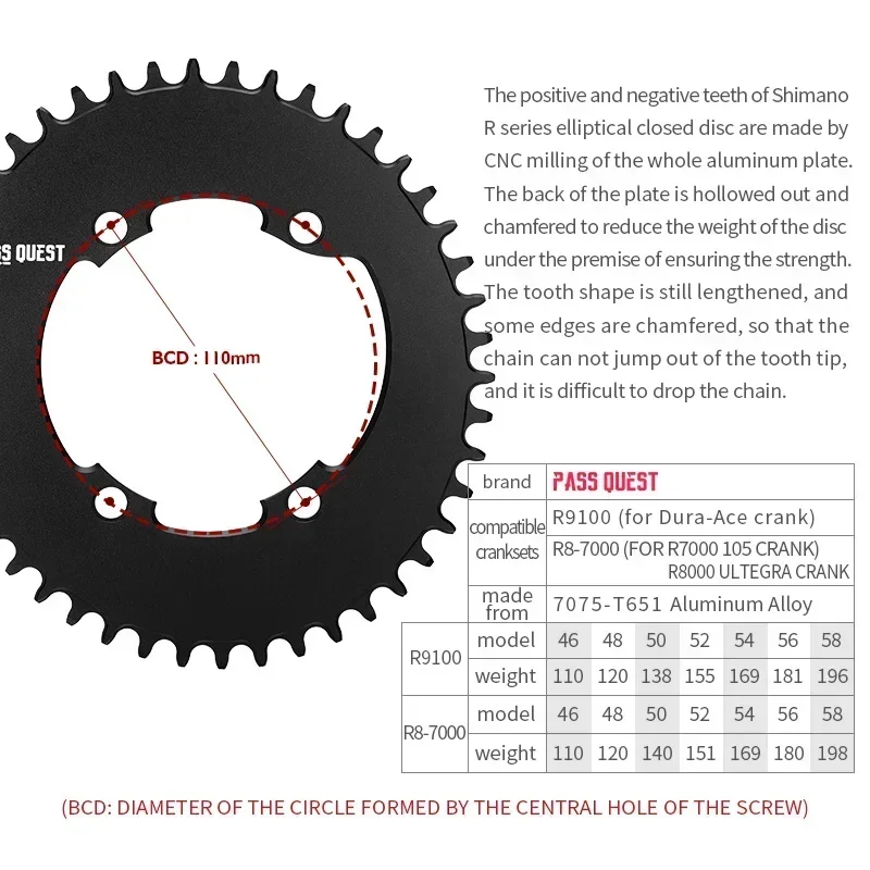 PASS QUEST chainring 110 bcd 4 bolt chainring for Shimano 105 R7000 ultegra r8000 Dura ace R9100 Road Bike Narrow Wide Chainring