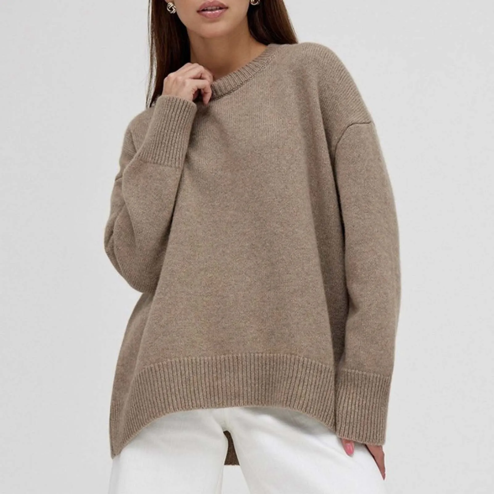 Winter Warm Soft Thick Knit Sweaters Brown Sweater Pullover Loose Lazy Pullovers Oversized Autumn Women O Neck Sweater Jumper