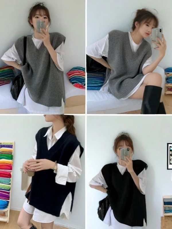 ルーズブラ Vネック ニットセーターベスト 韓国風 スリムトップ レディース アウター 秋 レイヤード オルト イルト