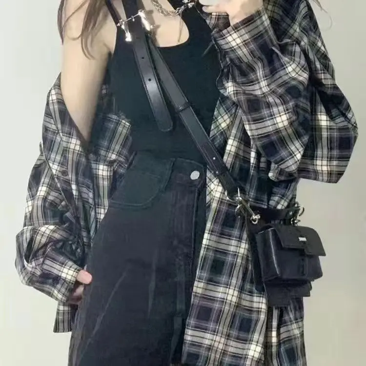 

Blue Checkered Shirt Jacket Female Loose and Casual Medium Long Style College Style Retro Design Fashion Long Sleeve Top