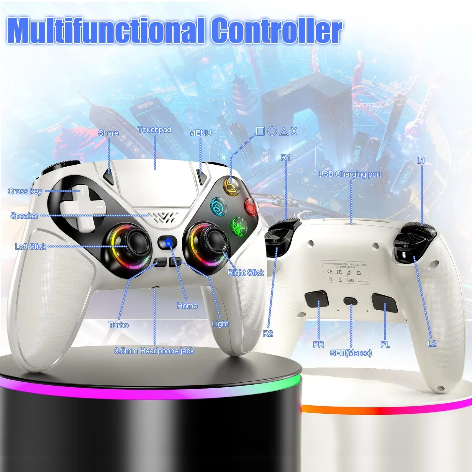 وحدة تحكم لـ PS5 RGB Lirhts وحدات تحكم الألعاب اللاسلكية لـ Playstion 5 Pro/Slim/PC مع تأثير القاعة يشغل الاهتزاز التوربيني