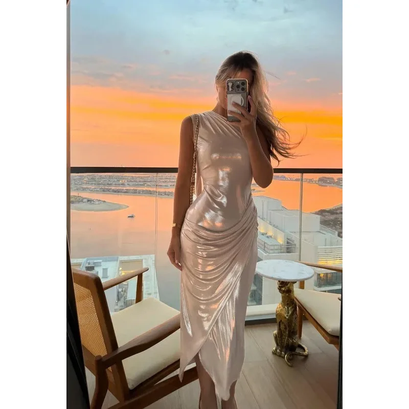 Women's Slanted Shoulder Slim Fit Irregular Pleated Long Evening Dress Single Shoulder Sleeveless Sexy Goddess Atmosphere Gown