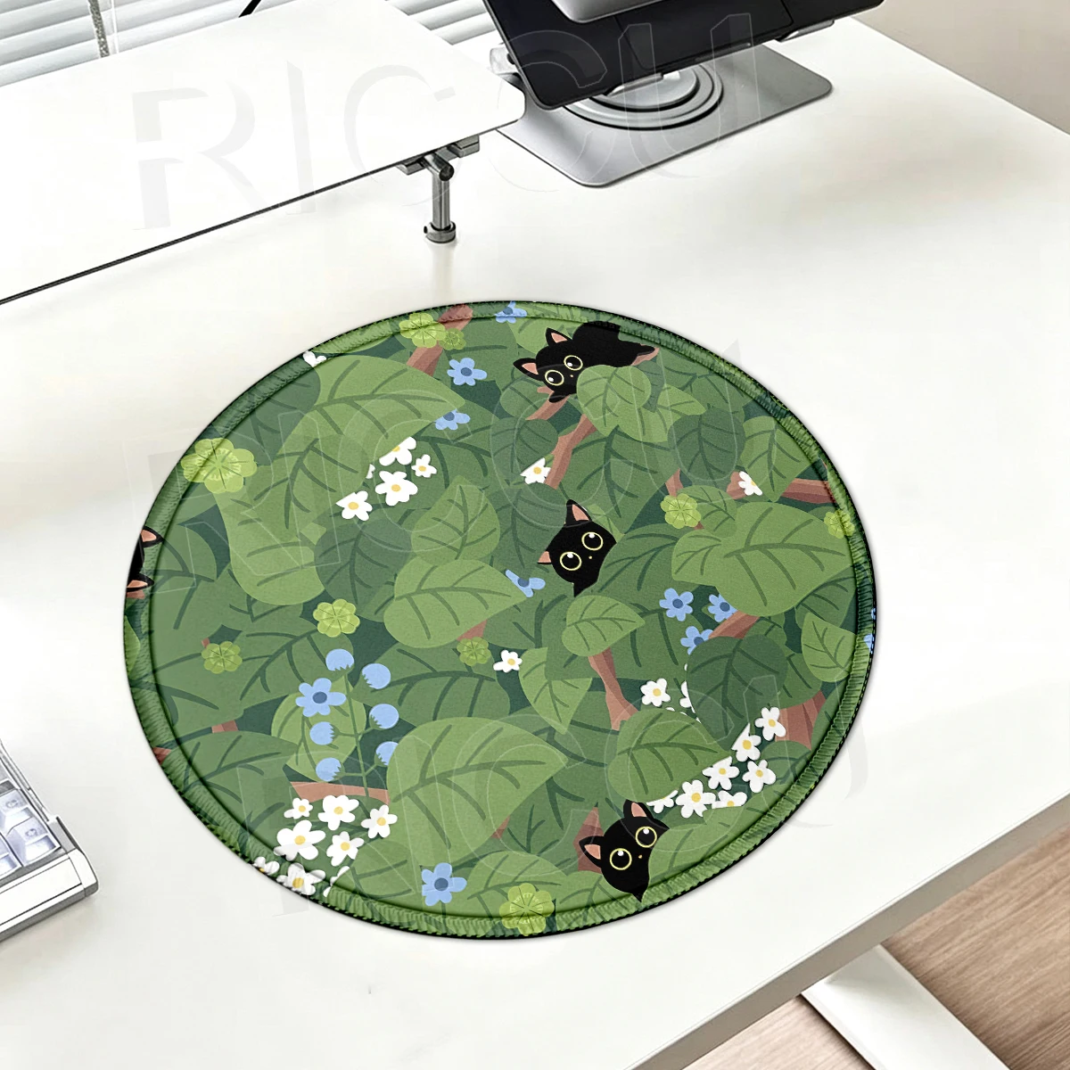 Ronde muismat Leuke zwarte kat bureaumat Groene plant rubberen muismat Esthetisch bureauaccessoire voor kantoorlaptop Computertafelmat