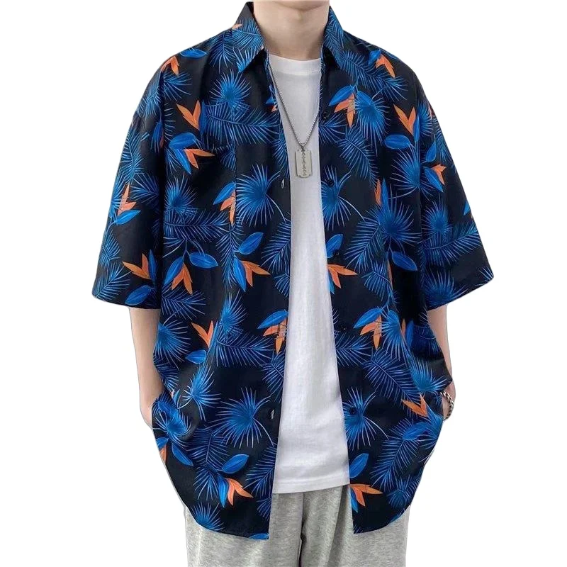 Men's Summer Seaside Cuban Collar Short Sleeve Floral Shirt Loose Fitting Casual Handsome Retro Hawaiian Beach Flower Shirt