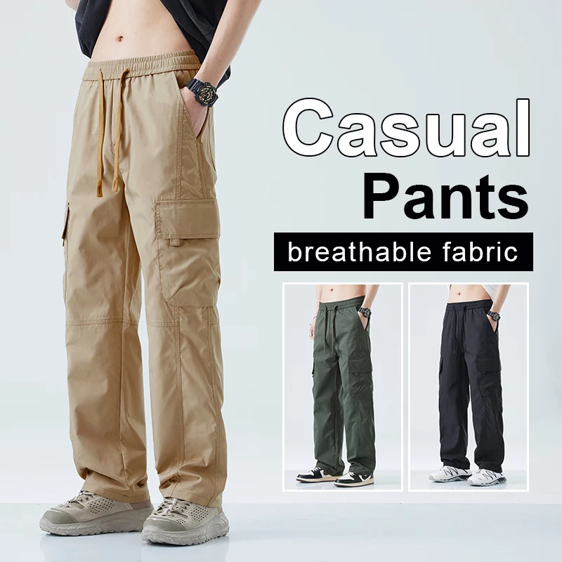

Men's Polyester Loose Straight Cargo Pants 2025 Summer Autumn Light Outdoor Multi Pocket Casual Trousers Plus Size 5XL