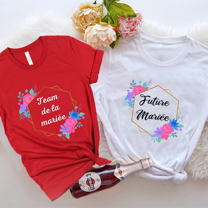 Team Future Bride T-Shirt Bachelorette Hen Party Evjf Y2k Tops Floral French Girls Single Farewell Tees Bridal Wedding Shirt