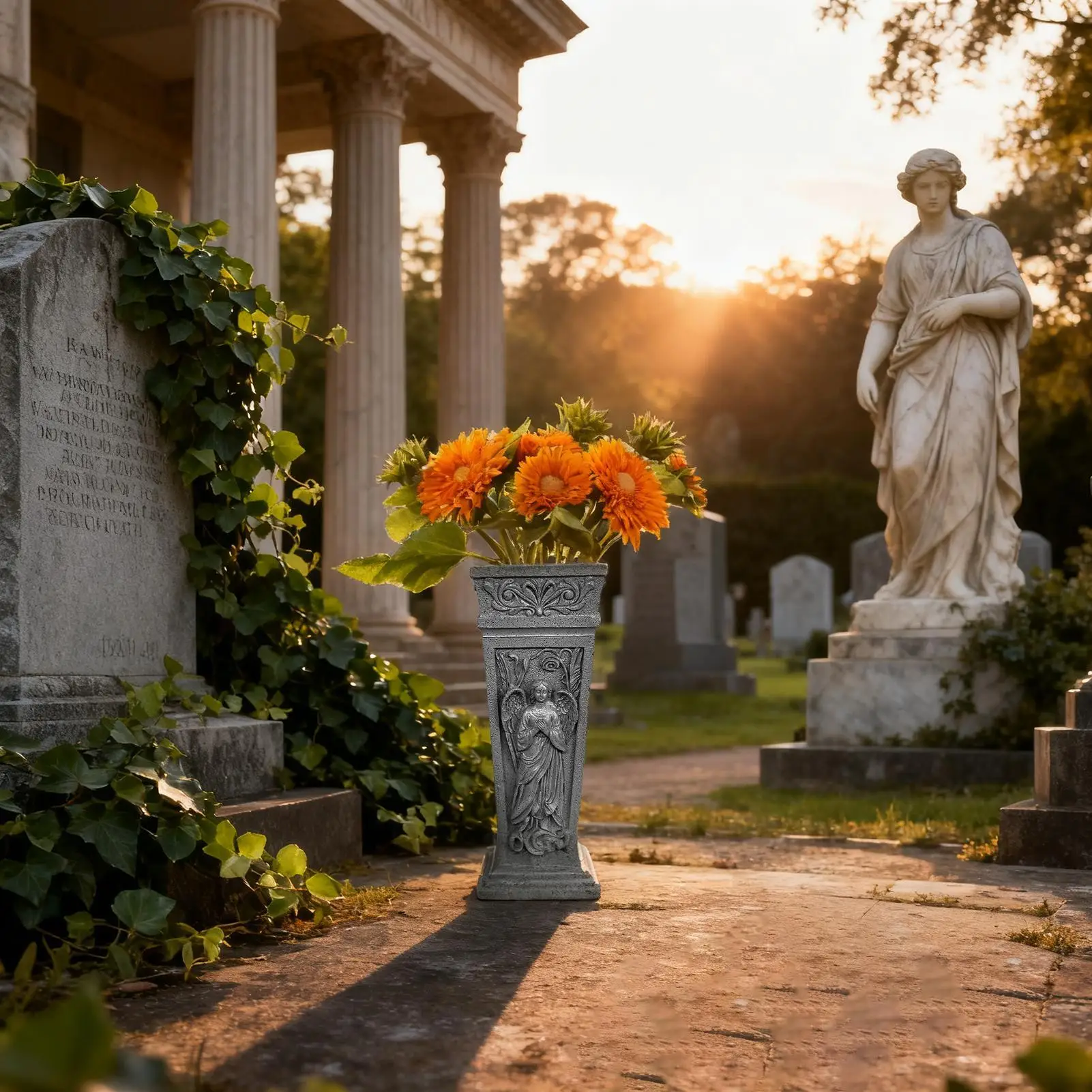 Cemetery Vase For Grave Resin Angel Carving Ground Stake Flower Holder Cemetery Grave Vase For Mom Dad Friends Relatives
