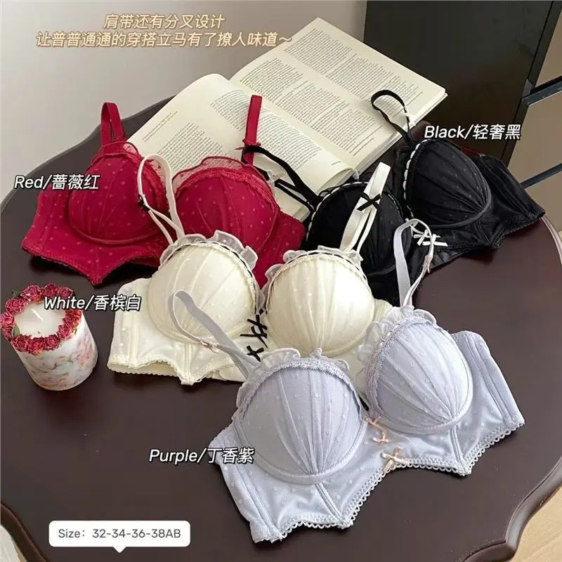 Lolita wind small breasts gathering underwear adjustment type breast anti-sagging lace bra cover set