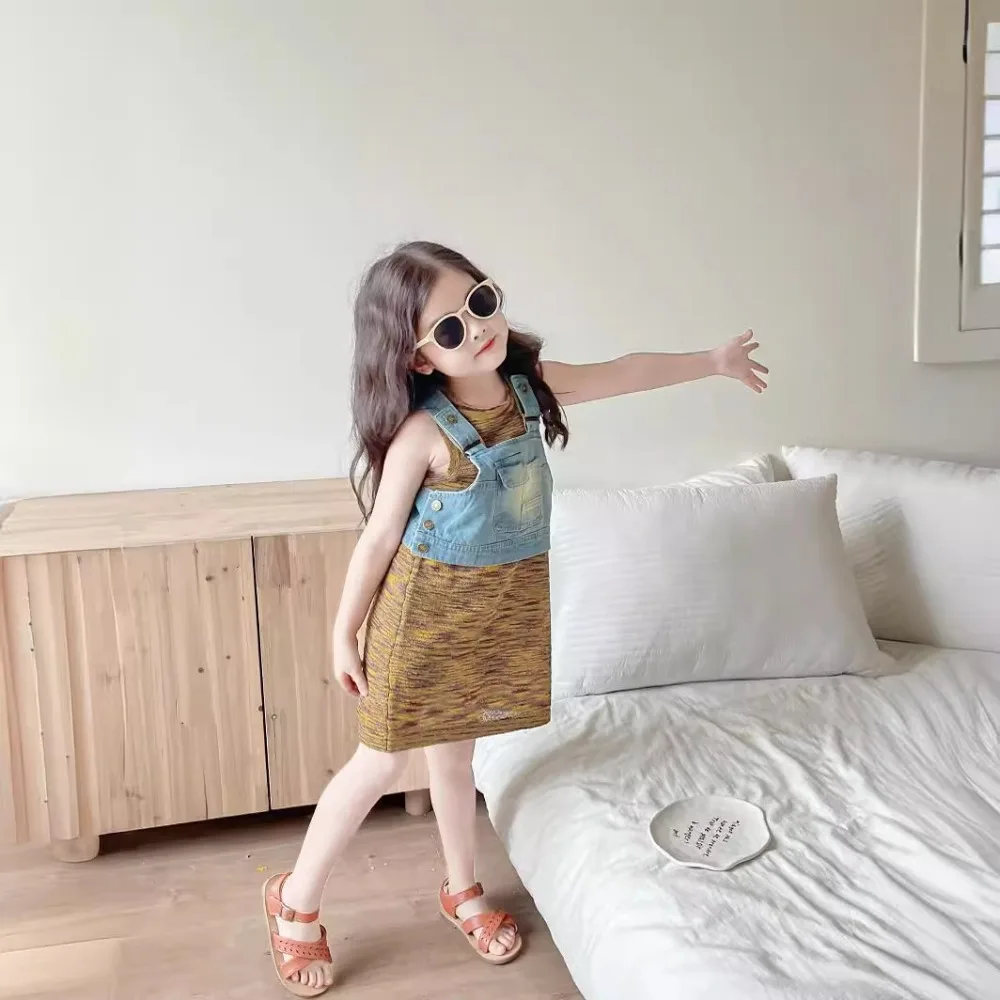 

Girls Set Korea Style 2024 Summer New Sleeveless Sundress Denim Tank Top Vintage Two Piece Baby Fashion Kids Summer Clothes