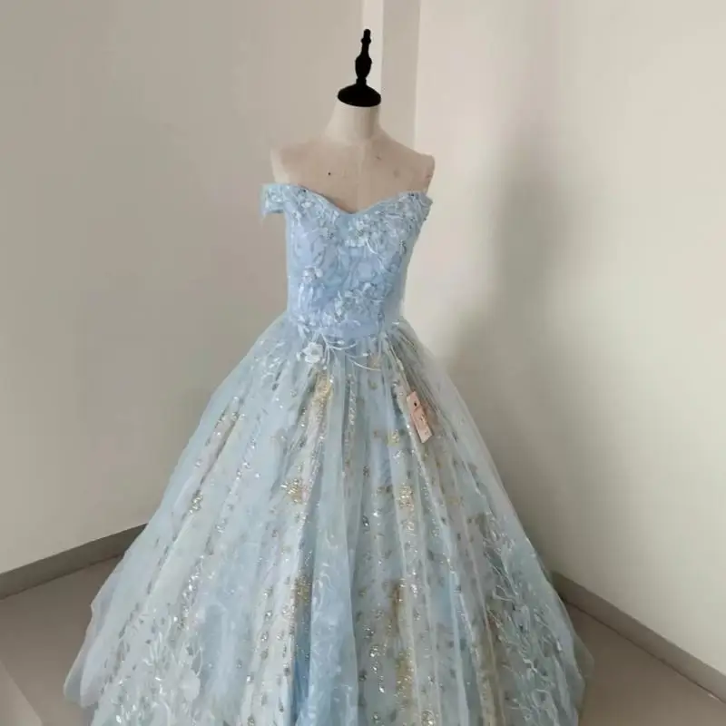 

Off Shoulder Light Blue Adult Ceremony Princess Dress Lace Ball Starry Sky Puff Dress Glitter Ball Puff Dress Customized