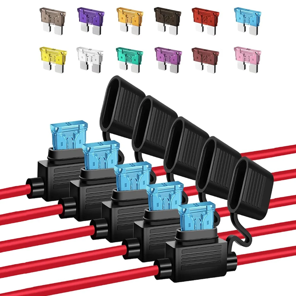 5Pack 12 AWG Inline Fuse Holder -Replacement Waterproof in Line Fuses Holders with 60 Pcs (2A-50A) ATC/ATO Standard Blade Fuses