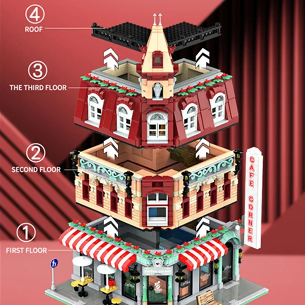 1950PCS Lighting Cafe Corner Street House Modular City Streetview with LED Set Model Buildings Mini-Micro-Block Bricks Gift