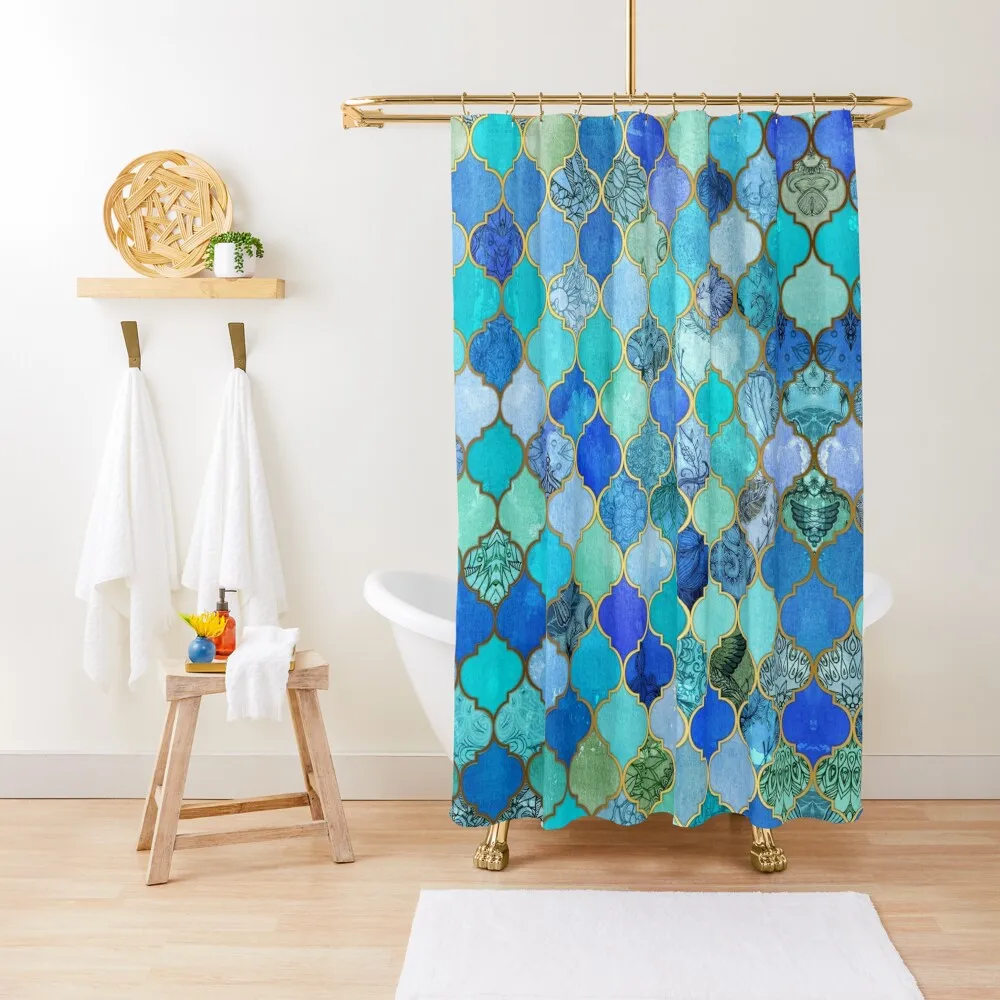 

Cobalt Blue, Aqua & Gold Decorative Moroccan Tile Pattern Shower Curtain Curtains For Bathroom