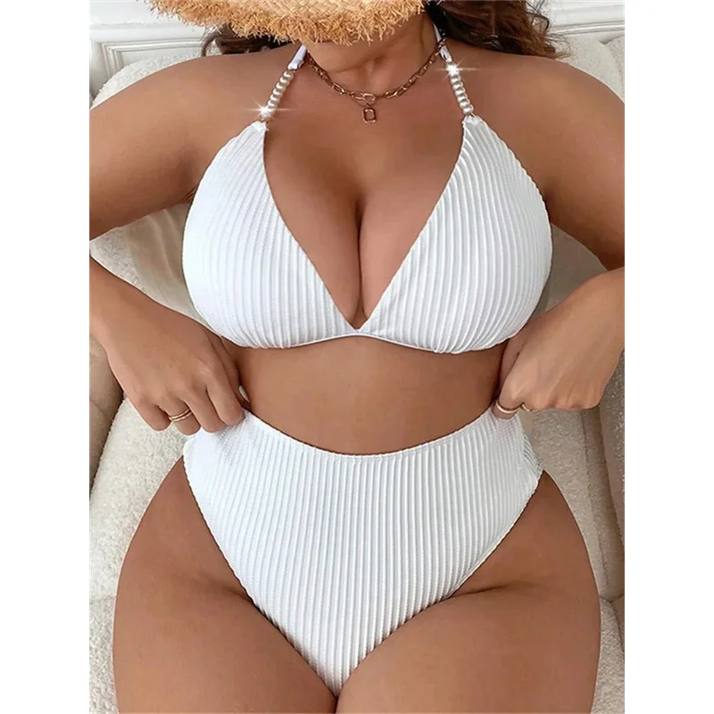 2024 donne costume da bagno di grandi dimensioni nero bianco perle cinturino push up bikini a vita alta set estate spiaggia costume da bagno costumi da bagno tankini