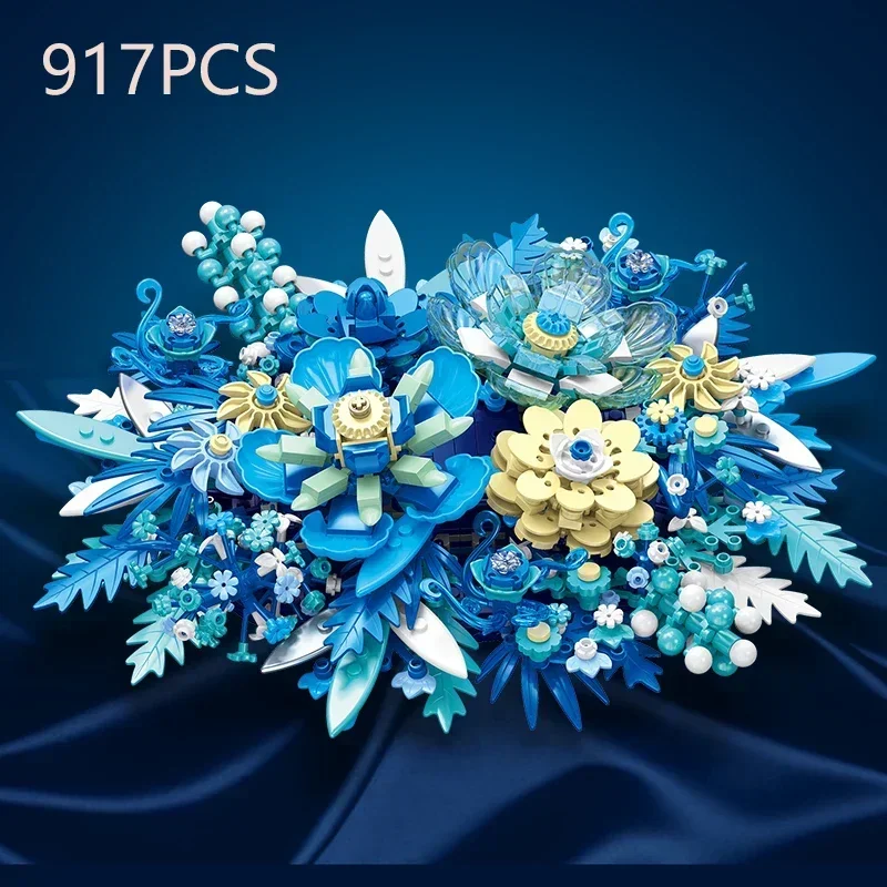 917PCS Preserved Flower Bouquet Building Blocks Fantasy Blue Flowers Assembly Model Bricks Toy Creative Home Decor Children Gift