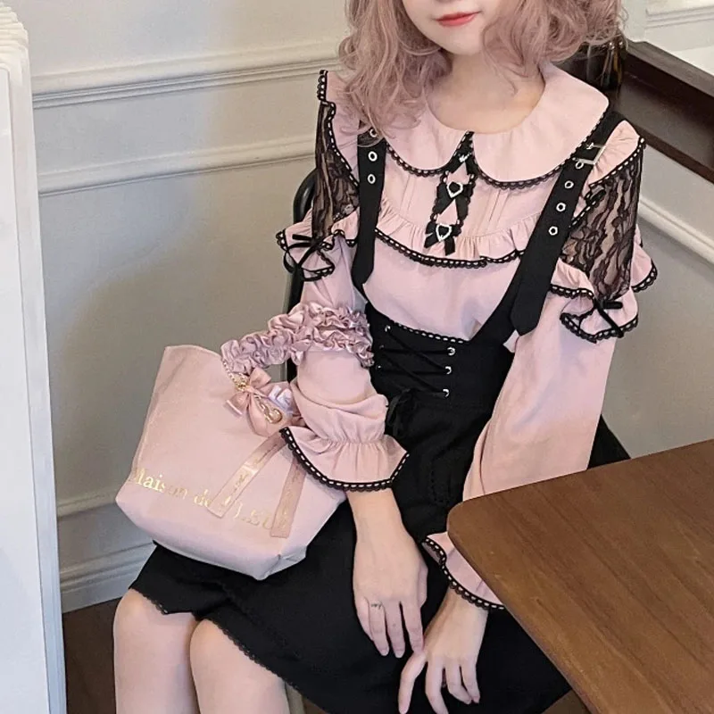 Kawaii Lolita Black Pink Shirts Y2k Aesthetic Japanese Women Gothic Lace Ruffles Long Sleeve Blouses Elegant Girls Sweet Tops