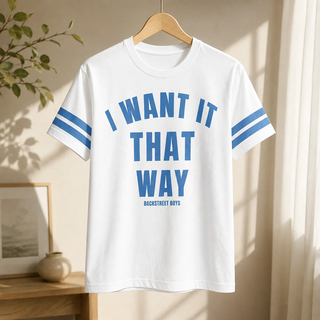 Backstreet Boys I Want It That Way T-Shirt, Y2K American Football-Stil Kurzarm-T-Shirt, Blaue Streifen am Ärmel, Buchstabendruck, Casual – Detail 5