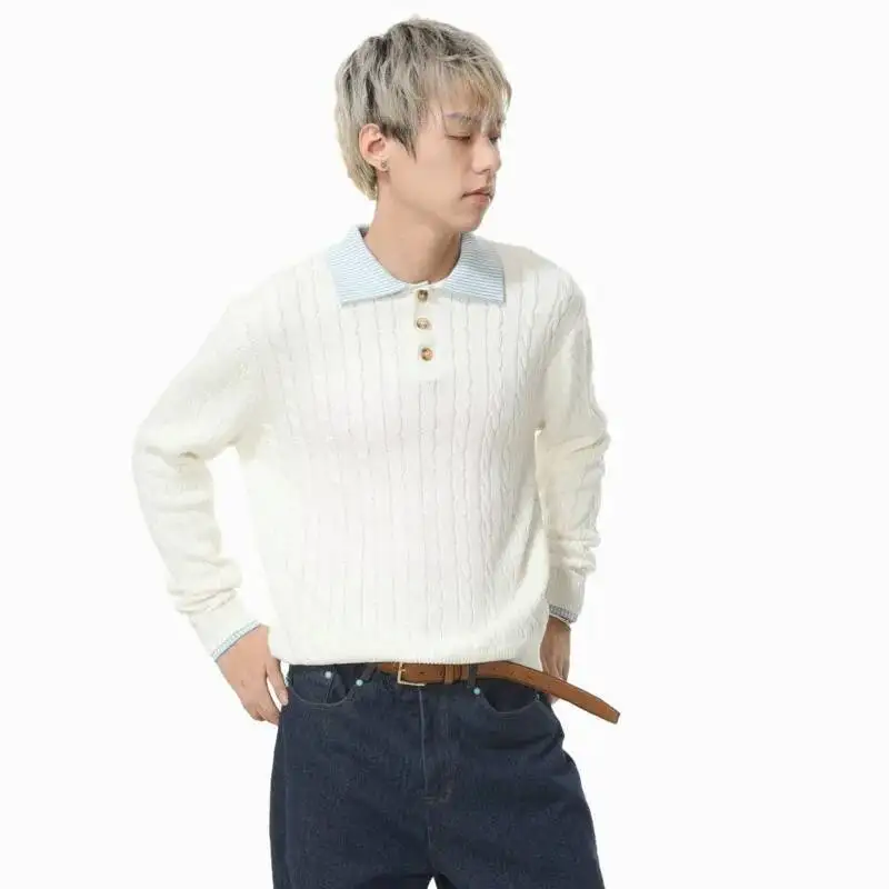 

Мужские свитера в корейском стиле с отложным воротником и пуговицами, дизайн из двух предметов, повседневный вязаный свободный пуловер, мужские топы