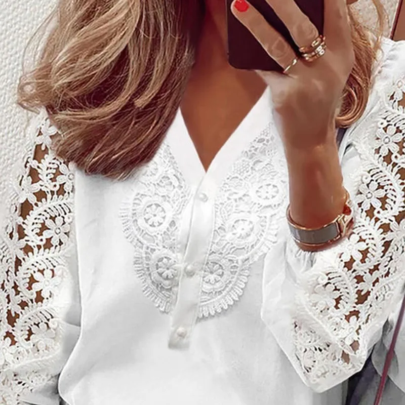 blusas para mujer Spring Solid Button Lace Splice Women Shirt Top White Women Blusas De Mujer Bonitas Y Baratas Blusas Mujer