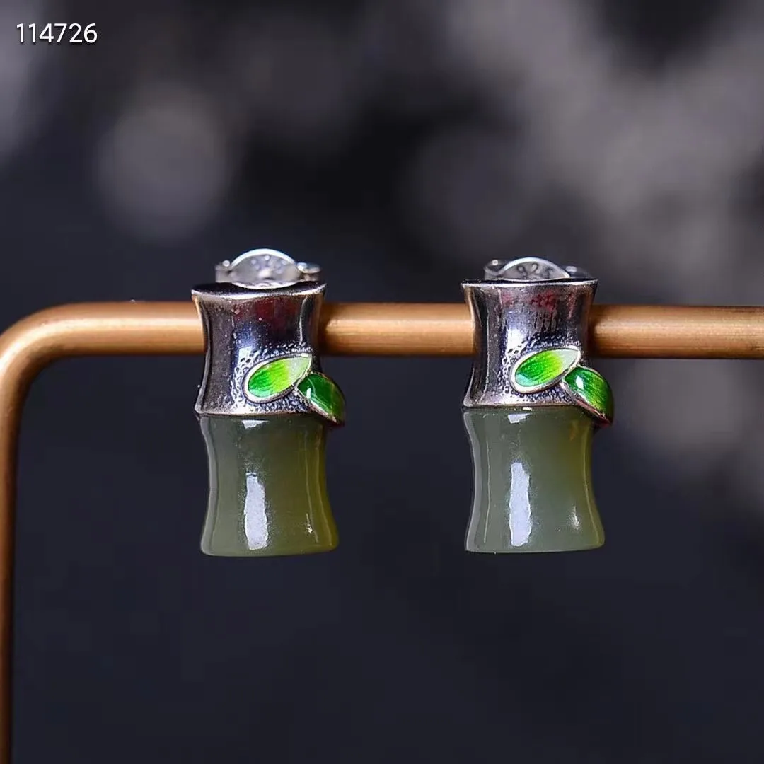 

Natural 925 sterling silver inlaid real hetian jade Carving bamboo retro earrings jewelry simple individuality for women