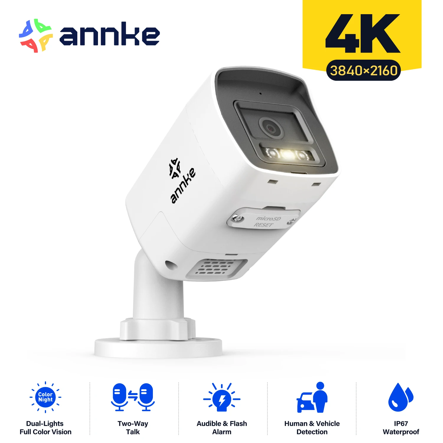 ANNKE 4K Smart Dual-Light Bullet Network Camera 8MP Two-way Audio Security IP Camera Support flashing/Audio alarm IP67 4mm Lens