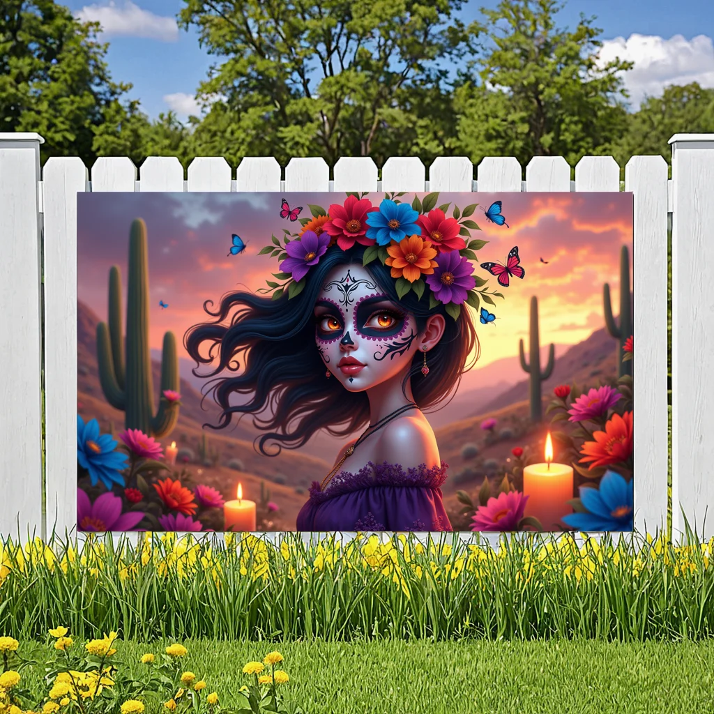 

​Mexican Day of The Dead Background Cloth Horror Theme Party Decoration Hanging Flag Banner Halloween Colorful Skull Decoration