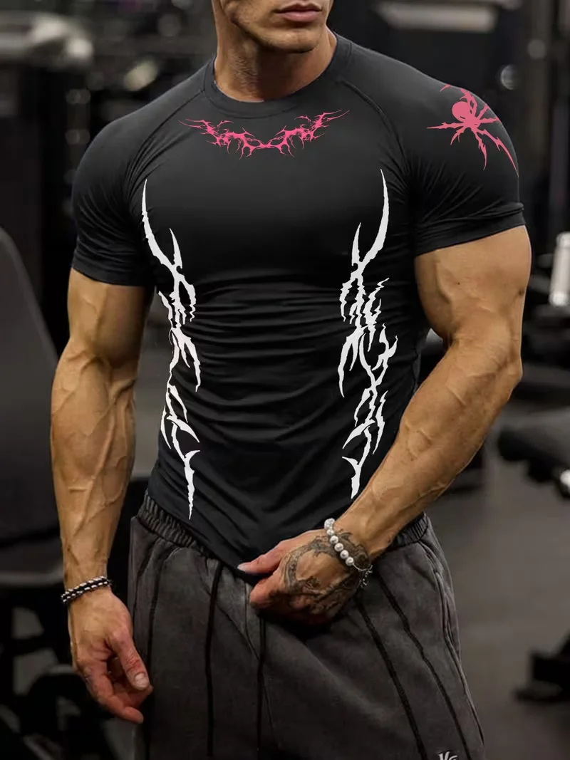 Men's sports tight short sleeved shirt with pink spider pattern print design, breathable, quick drying, sweat absorbing