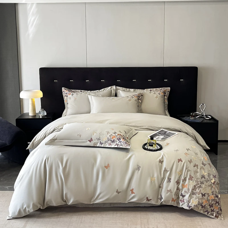 100% Cotton Luxury Butterfly Embroidery Bedding Set Queen King Size Duvet Cover Set Bed Sheet Fitted Sheet Pillowcases 4Pcs