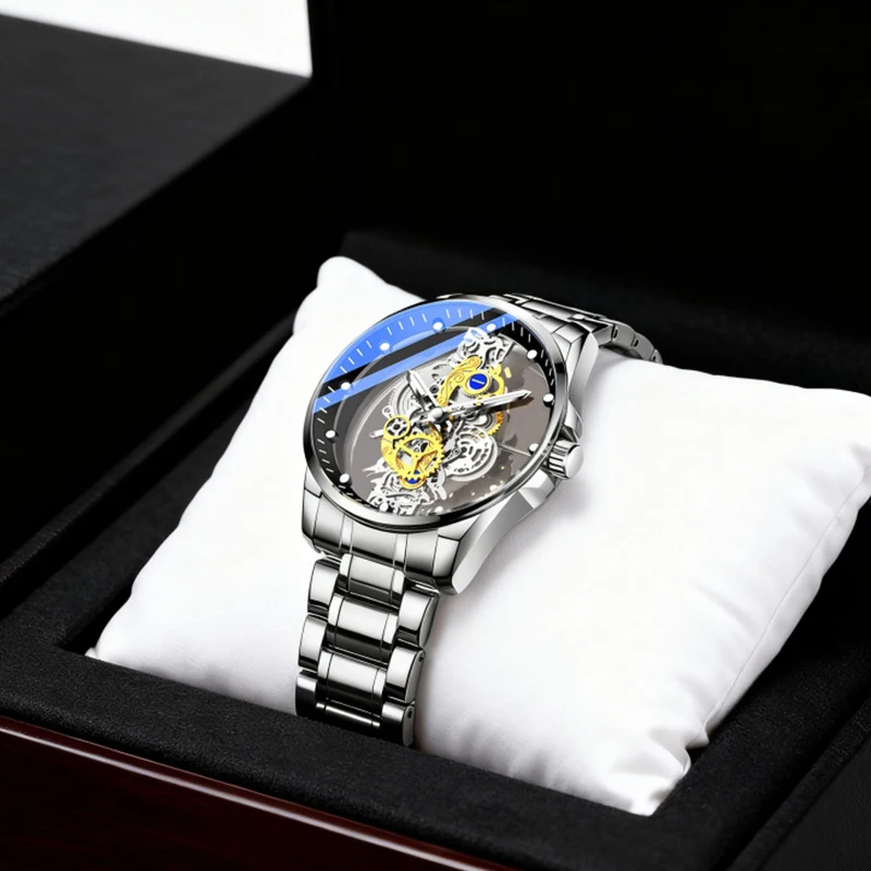 

Мужские серебряные и черные универсальные кварцевые часы в современном минималистском стиле с полым серебряным стальным ремешком