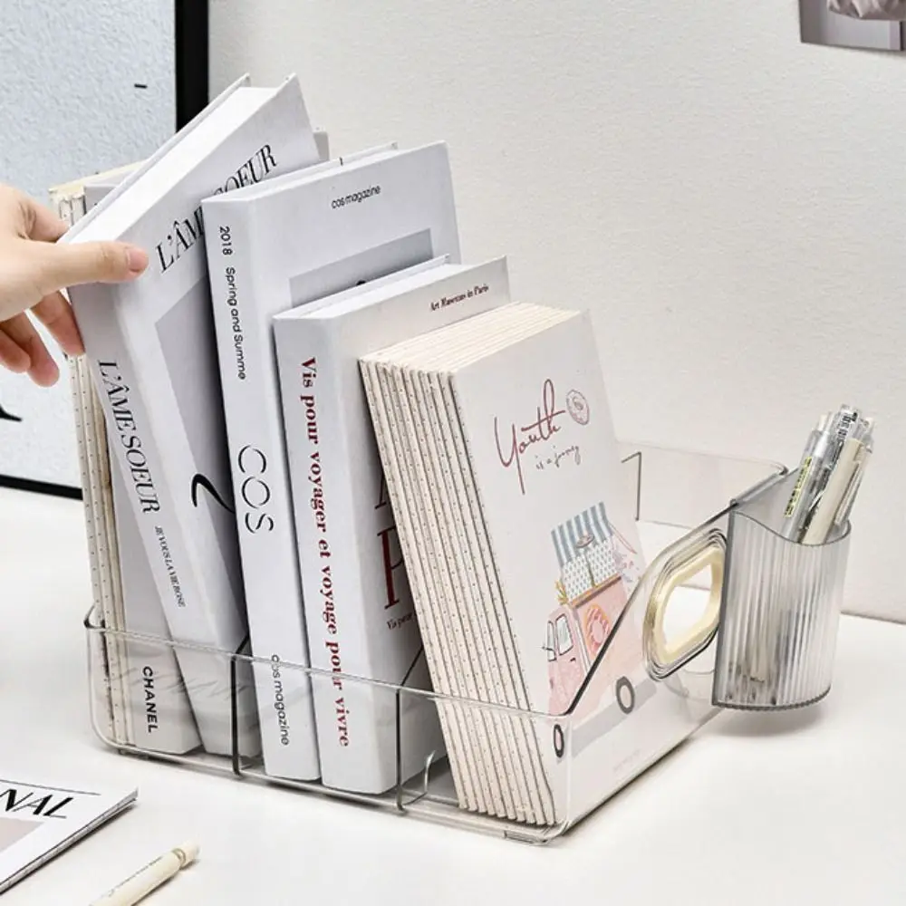 

Desktop Organizer Portable Handle Bookends Save Space Clear Divider Book Stand PET Display Stationery Storage Box Student