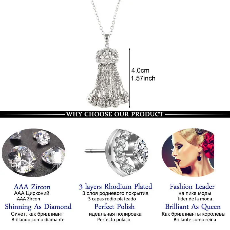 LXOEN Hot Fashion Tassel Long Necklace with Cubic Zirconia Crown Necklaces For Women 2017 Statement Crystal Jewelry collares