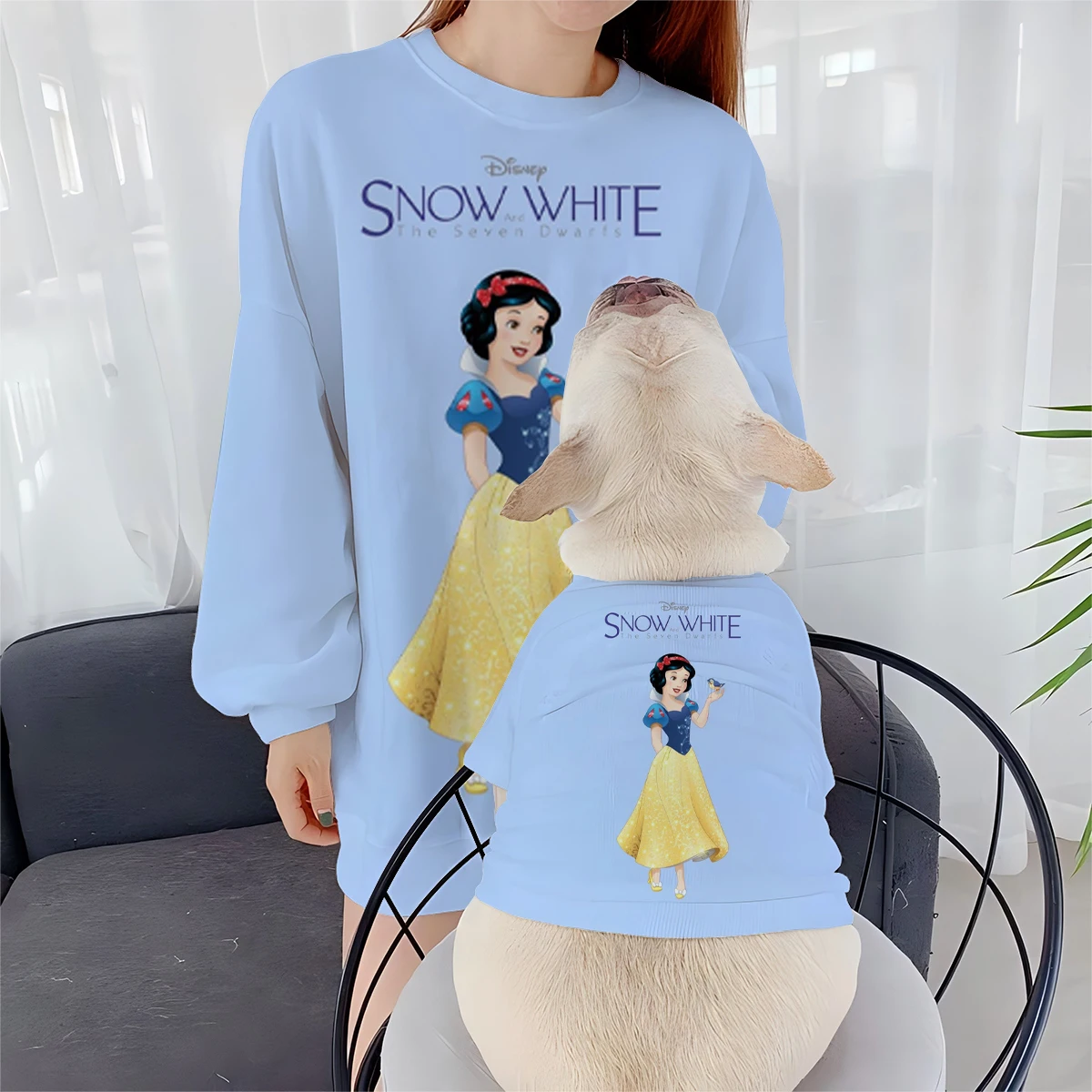 Women's spring and autumn round neck sweatshirt Chihuahua Bichon Frise Disney Snow White print pet and owner matching clothes