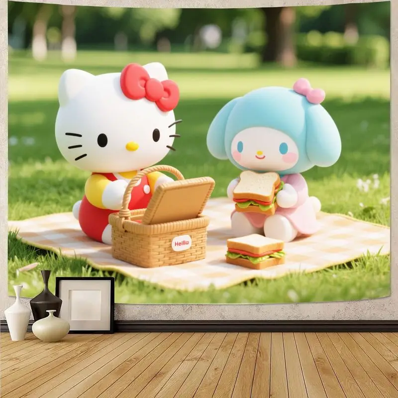 

Sanrio Hello Kitty & My Melody гобелен для пикника, современный полиэстер, настенное искусство, кавайный подарок для девочек, декор для гостиной, спальни