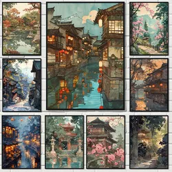 Vintage Hiroshi Yoshida Inspired Poster Traditional Japanese Village Landscape Canvas Painting Wall Art Living Room Home Decor